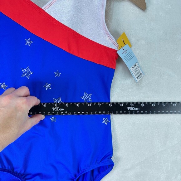NWT Girls Red Wt Blue Star Embellished Sleeveless Asymmetric Flag Leotard XL14 - Picture 7 of 10